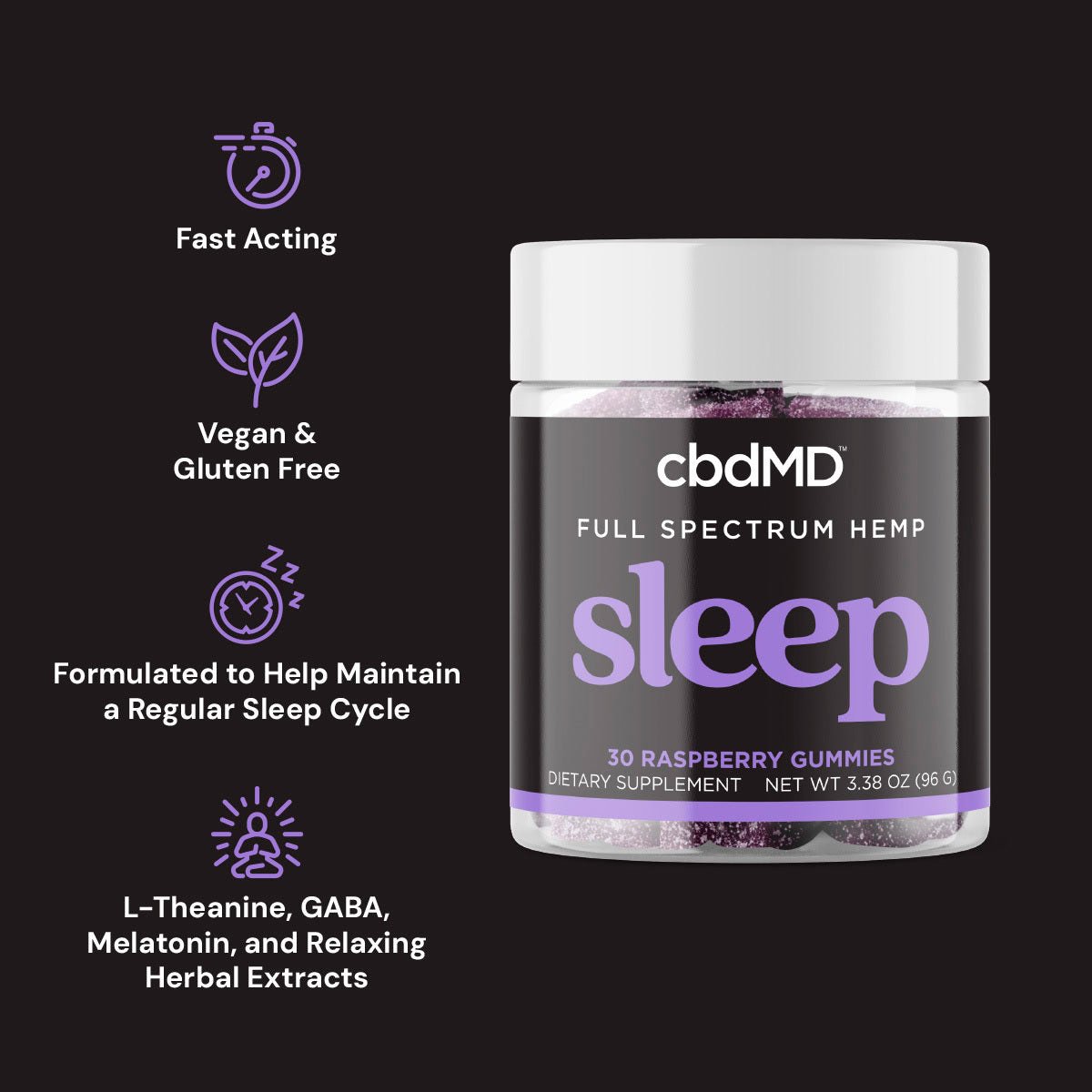 cbdMD, Sleep CBD Gummies, Raspberry, Full Spectrum, 30ct, 90mg THC + 600mg CBN + 1500mg CBD 4 cbdMD, Sleep CBD Gummies, Raspberry, Full Spectrum, 30ct, 90mg THC + 600mg CBN + 1500mg CBD - Image 4